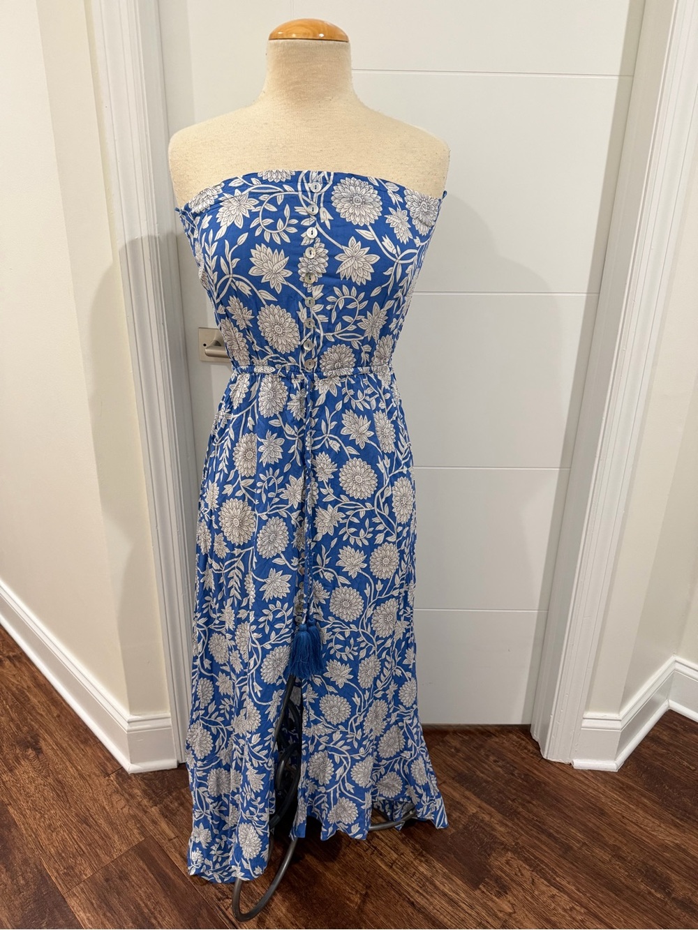 Elan Blue Strapless Floral Maxi Dress with Tie Waist